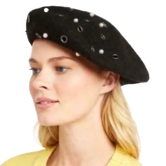 Women's August Hats Grommet/Pearl Embellished Wool Blend Beret, Black OSFM - Picture 1 of 8